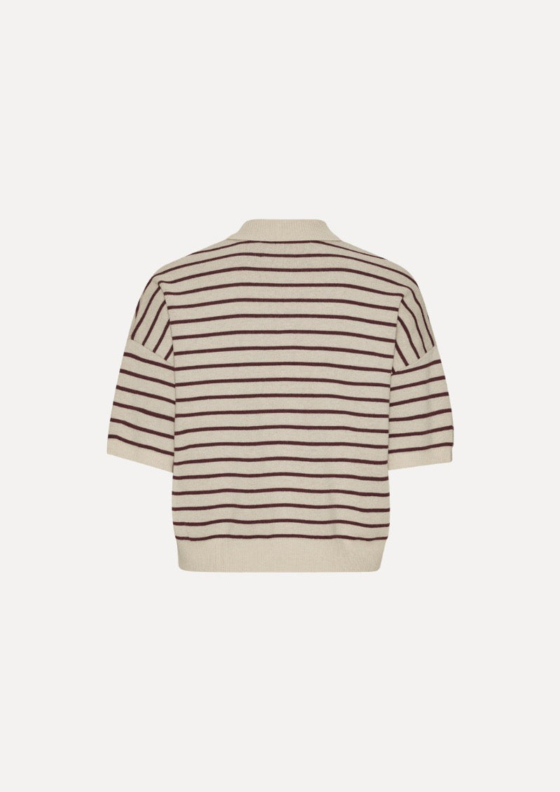 ROTATE Slinky Knit Polo Striped Beige