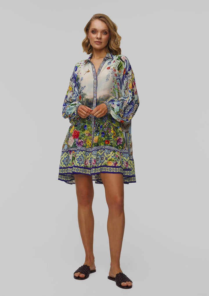 CAMILLA Long Sleeve Tiered Short Seidenkleid für Damen