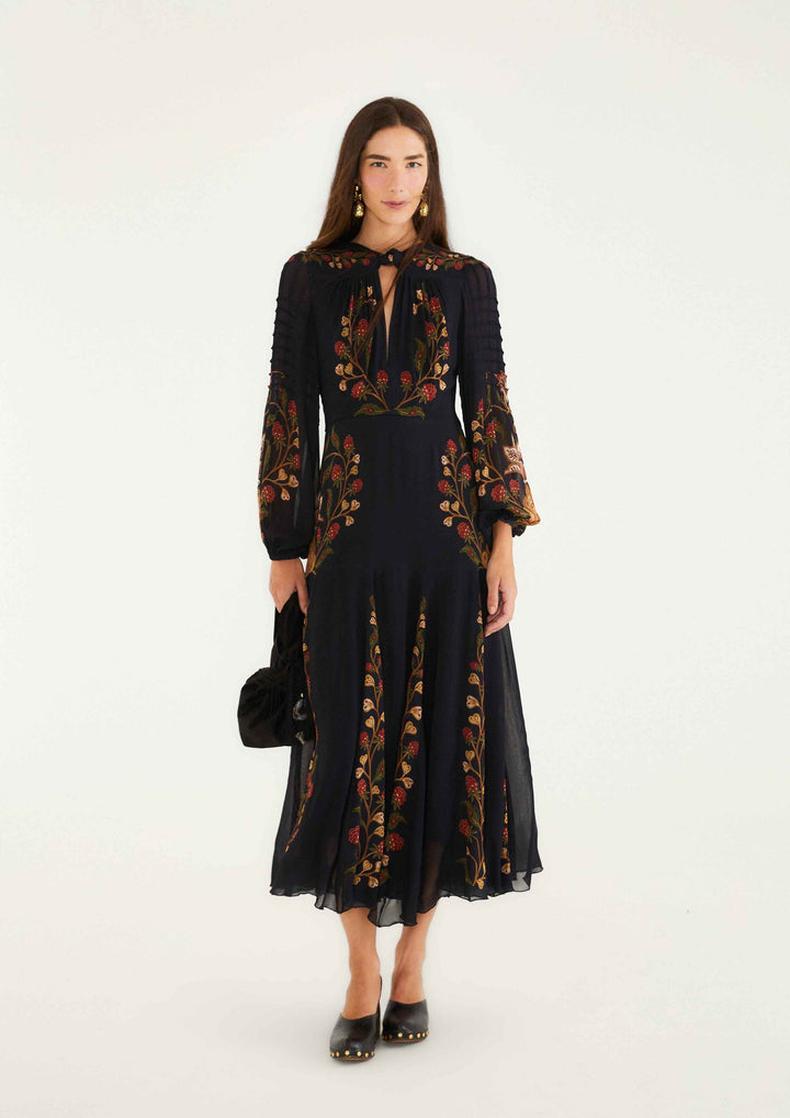 FARM RIO BERRY GARDEN BLACK PLEATED MAXI DRESS - BLACK