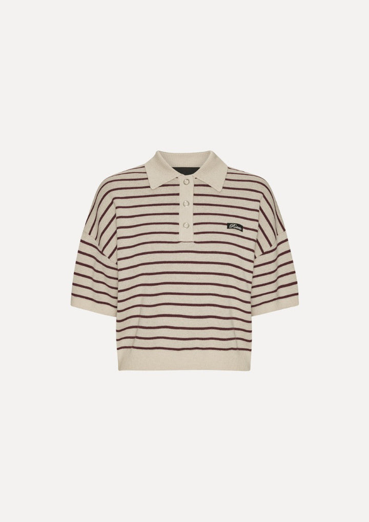 ROTATE Slinky Knit Polo Striped Beige