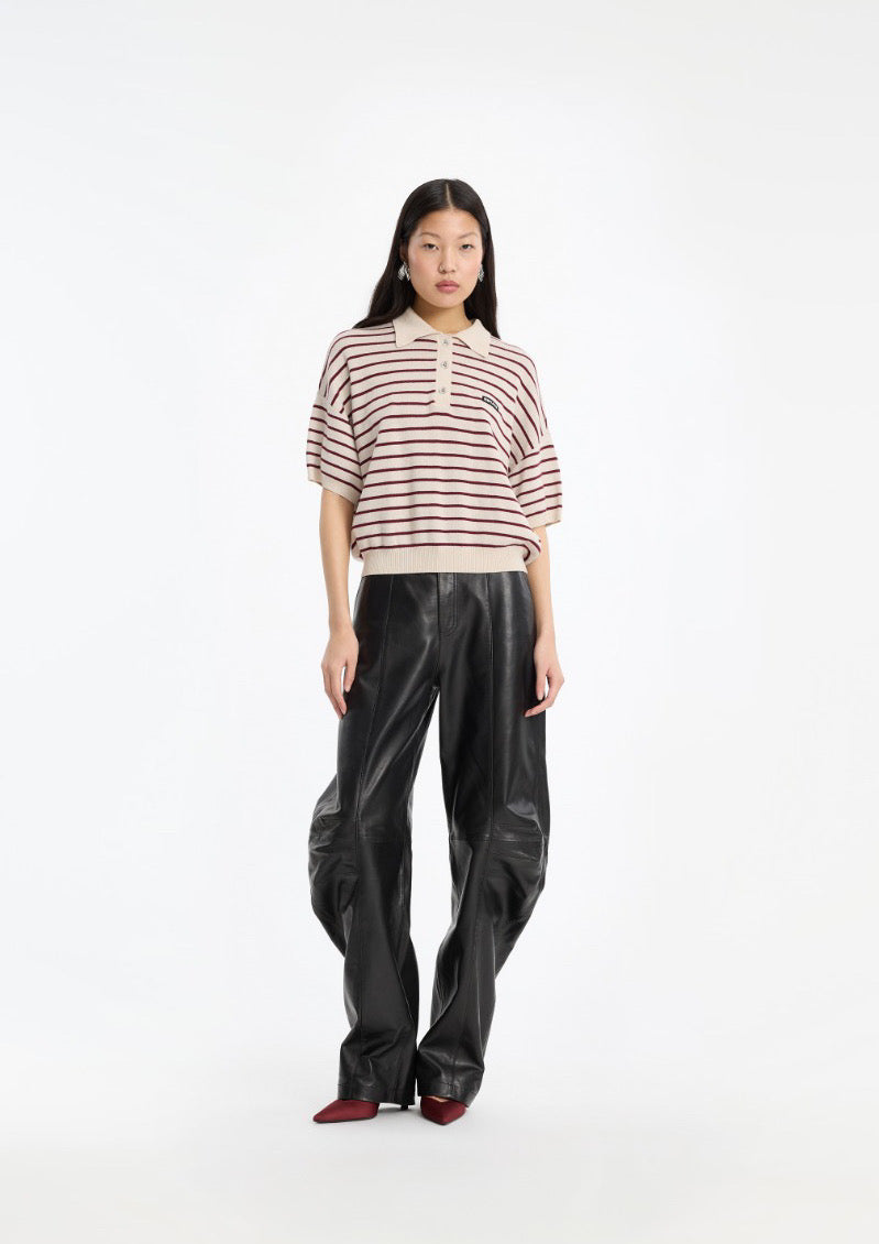 ROTATE Slinky Knit Polo Striped Beige