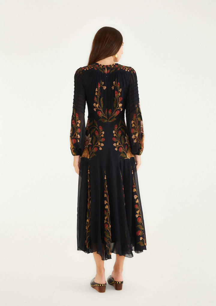 FARM RIO BERRY GARDEN BLACK PLEATED MAXI DRESS - BLACK
