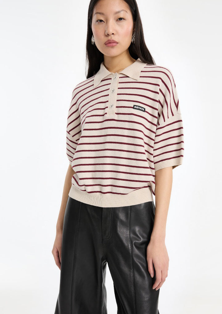 ROTATE Slinky Knit Polo Striped Beige