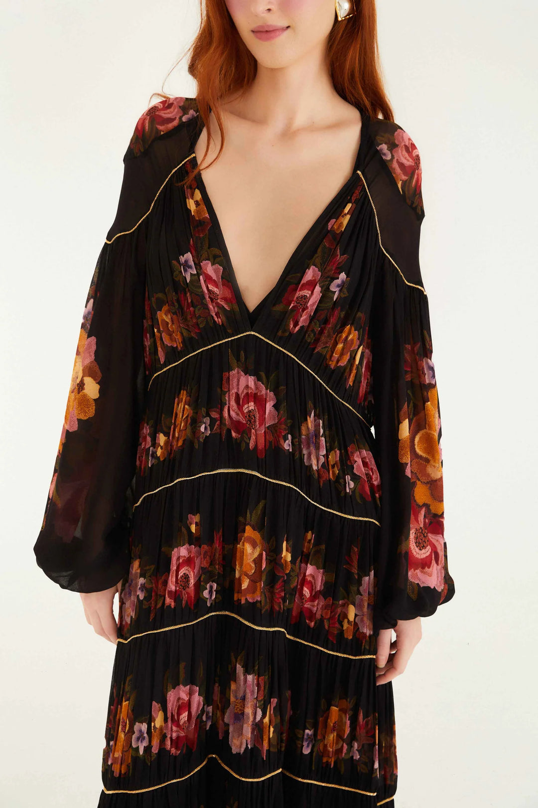 FARM RIO Chenille Flowers Long Sleeve Midi Dress