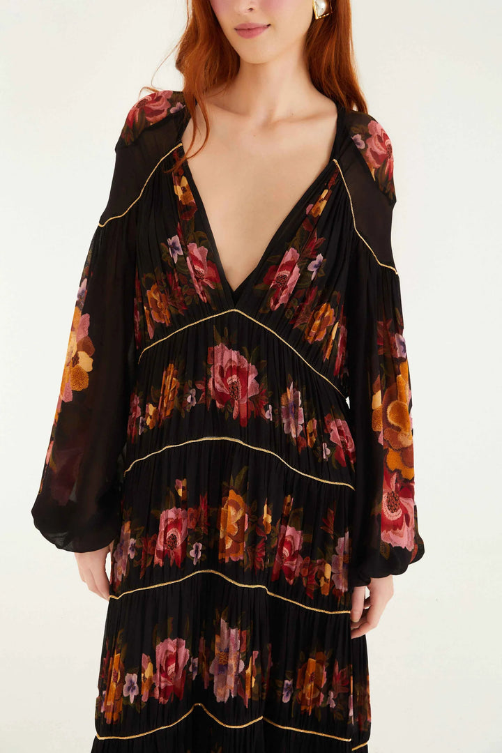 FARM RIO Chenille Flowers Long Sleeve Midi Dress