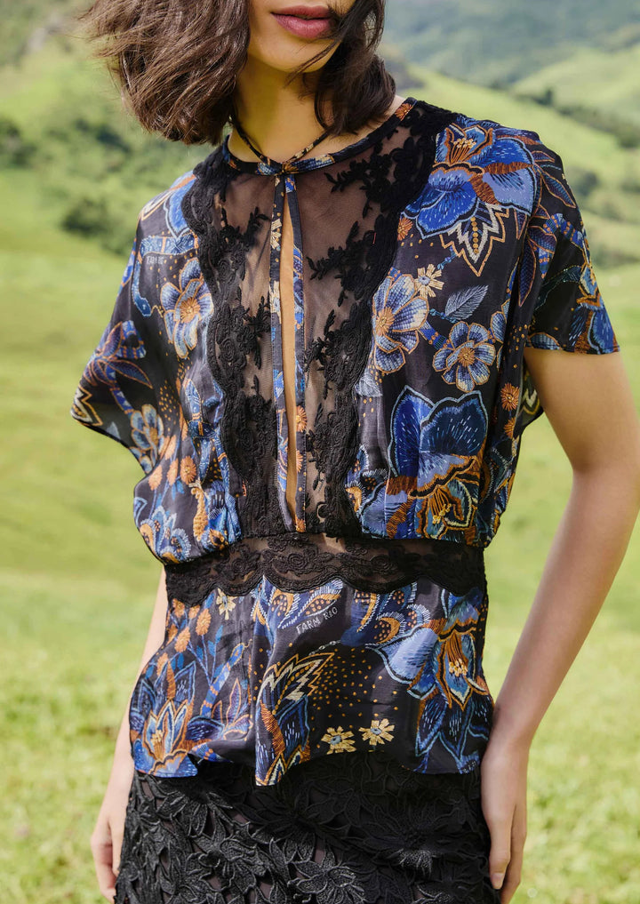 FARM RIO Black Snakes Bouquet Blouse